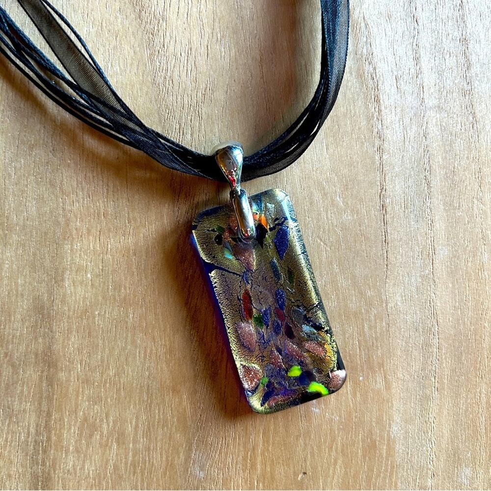 Handmade Blue/Multicolor Artisan Glass Long Pendant Black Ribbon/Cord Necklace